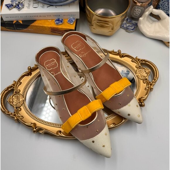 Malone Souliers Shoes - 🆕 MALONE SOULIERS 🧿 BNWOB White Mesh Mules with Yellow Velvet Bow Size 39 - 9